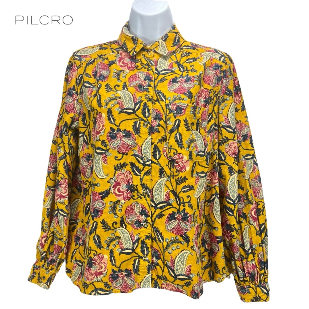 Pilcro by Anthropologie Women XS Yellow Corduroy Floral Button Down Shirt